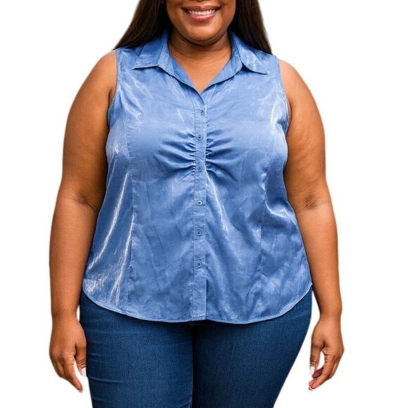 Blue Diamond Plus Size 18W Top Sleeveless Ruched Collared Button-Up Shiny Blue - Picture 1 of 9